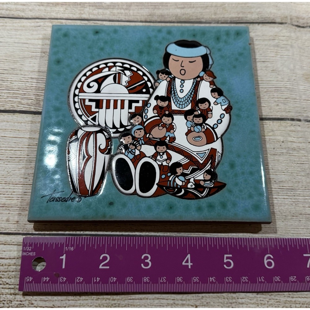 VTG Cleo Teissedre 1991 Ceramic Art Tile Trivet Native American Storyteller GTb9